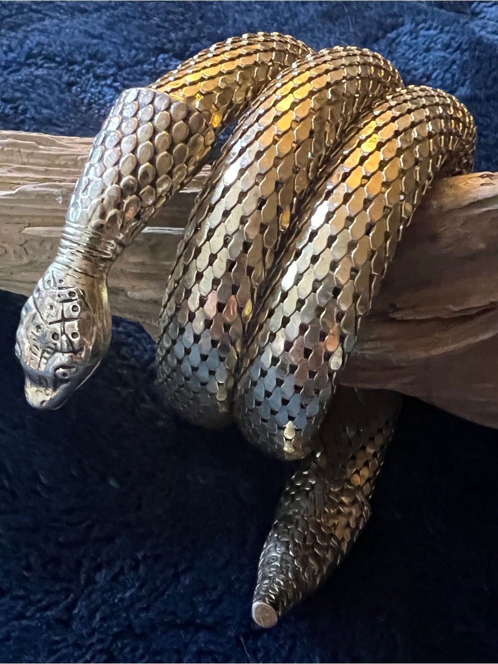 Whiting & Davis Signed Vintage Chainmail Mesh Snake Bracelet Triple Coil Silver